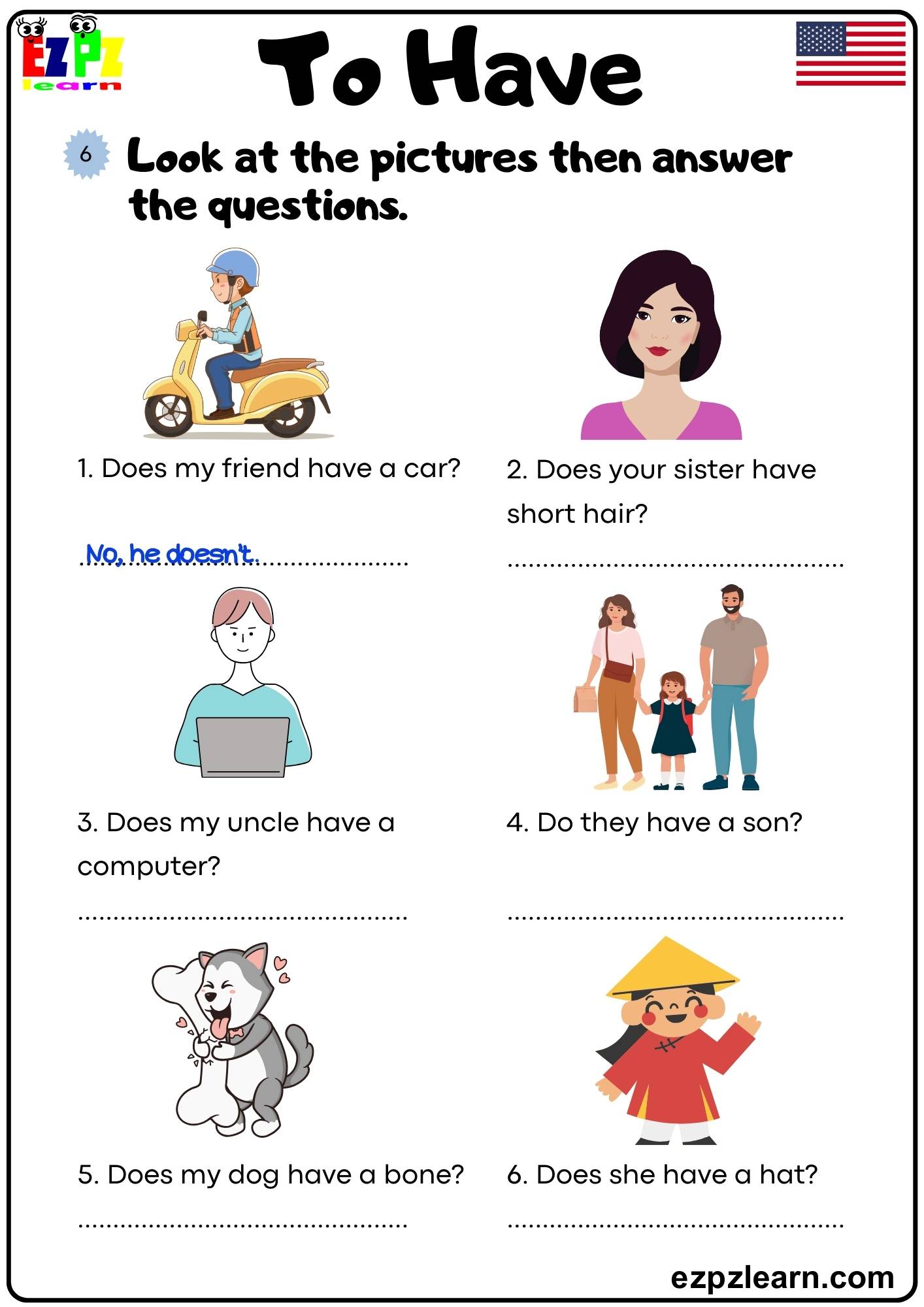 The Verb To Have Look at the Pictures then Answer the Questions Grammar Worksheet pdf